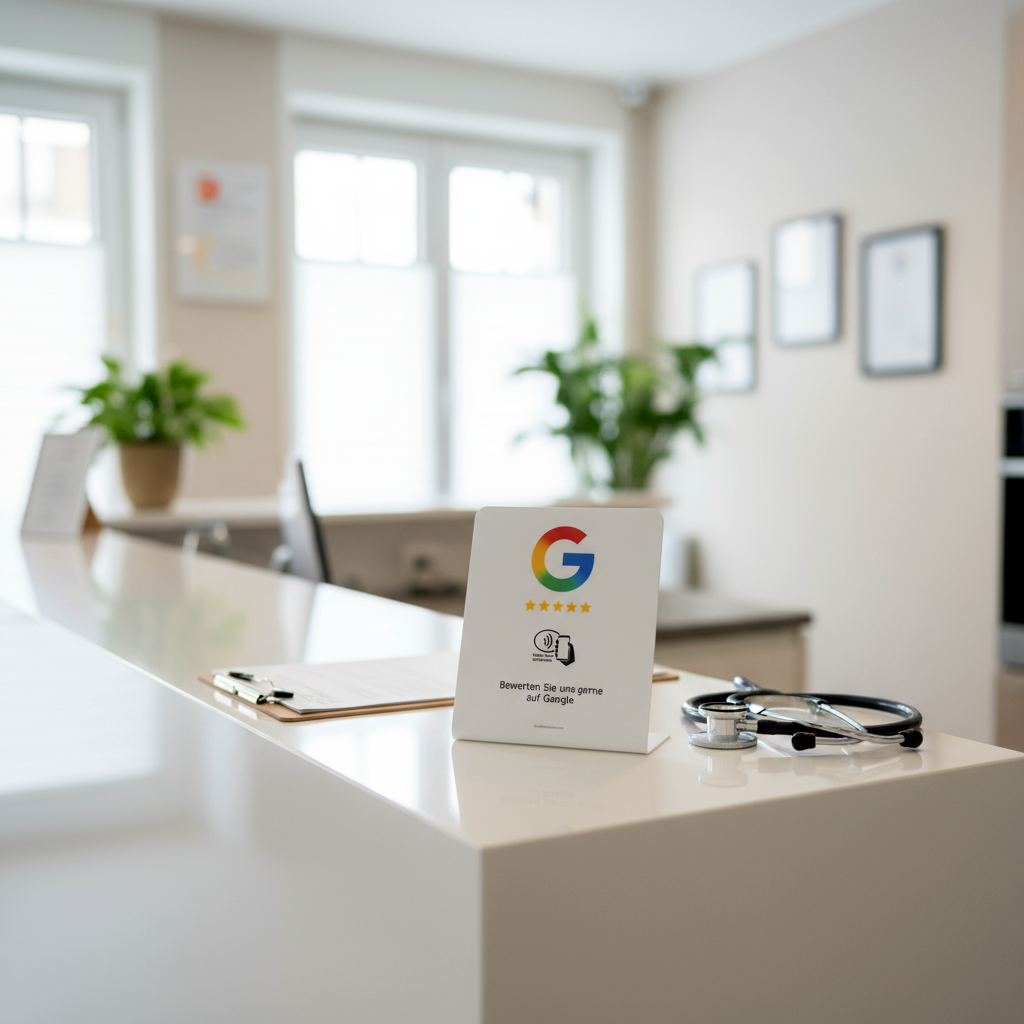 NFC Google Bewertungsaufsteller in Arztpraxis zur einfachen Patientenbewertung