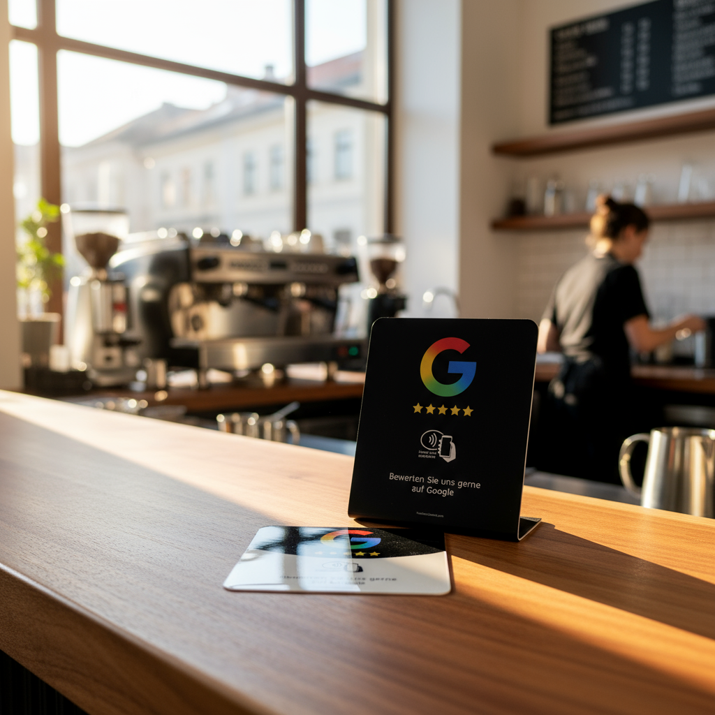 NFC Google Bewertungsaufsteller auf Café-Theke zur Erhöhung der Google Kundenbewertungen