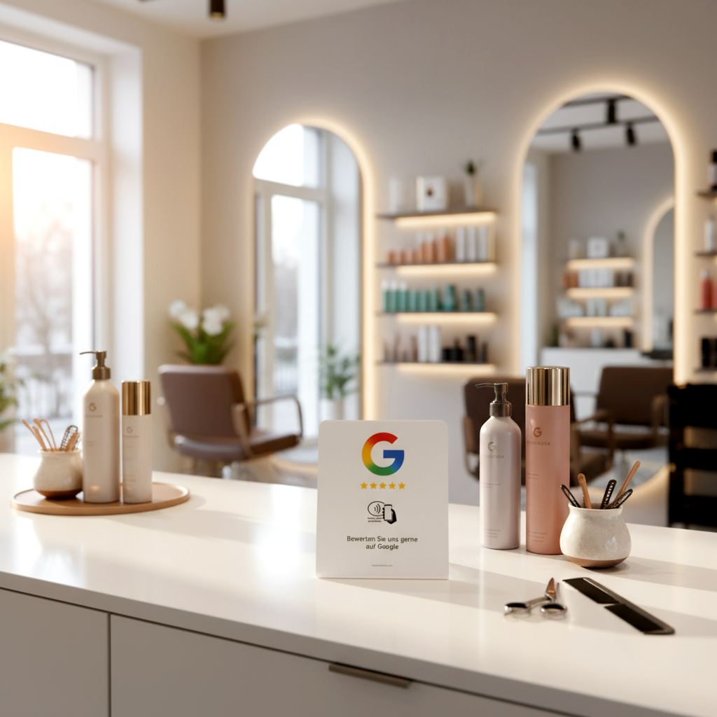 NFC Google Bewertungsaufsteller im Friseursalon zur Steigerung von Google Bewertungen