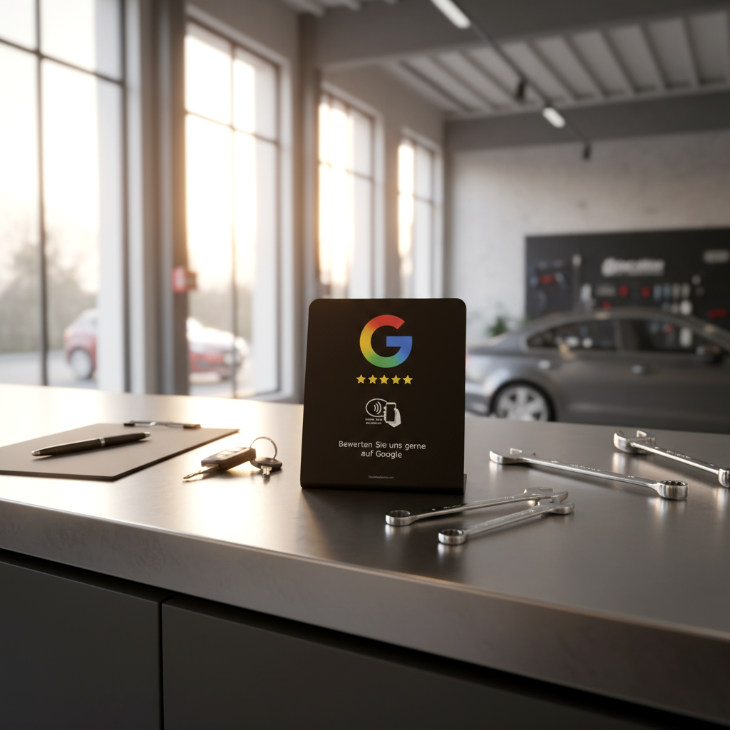 NFC Google Bewertungsaufsteller in Autowerkstatt zur Generierung von Kundenbewertungen