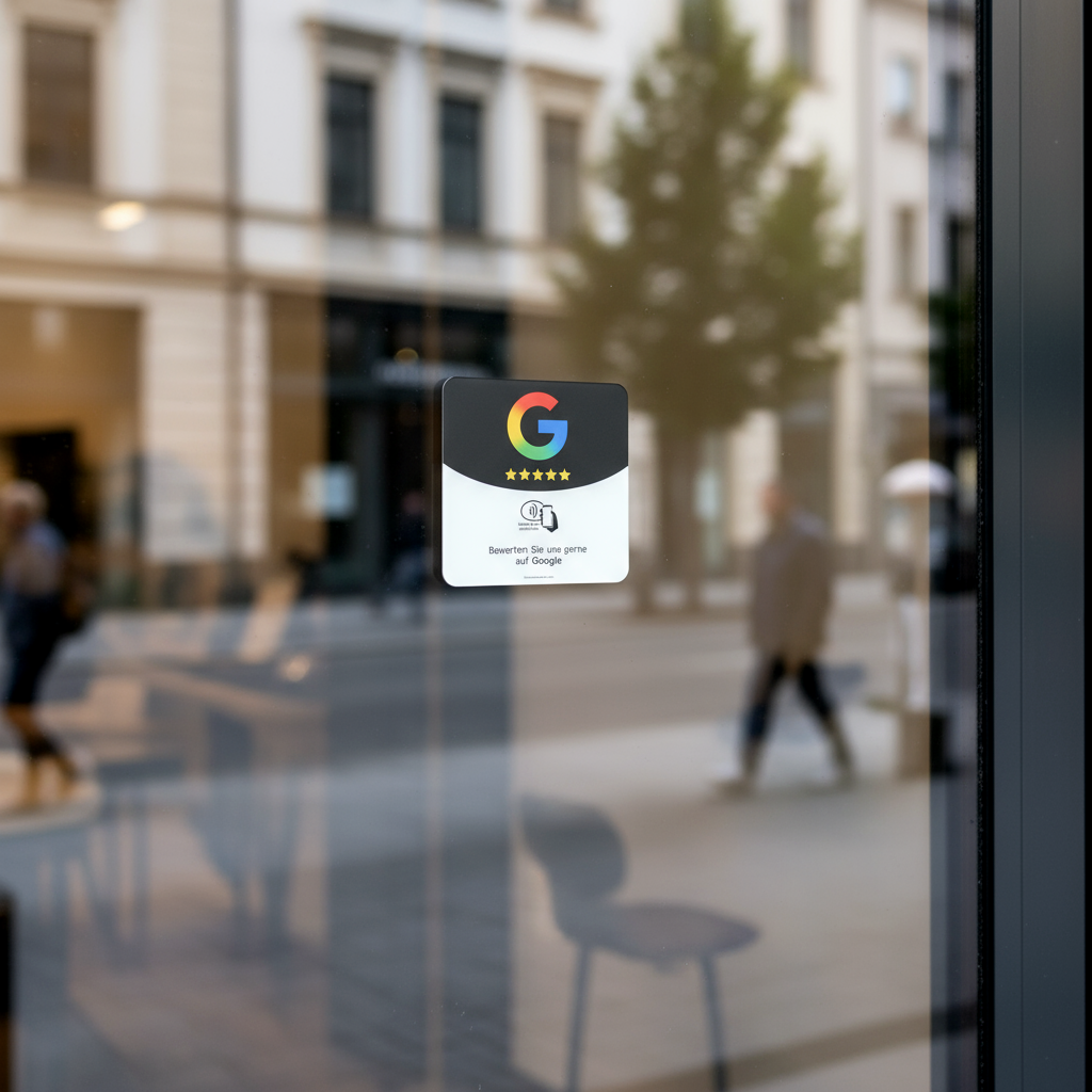 NFC Google Bewertungssticker an Eingangsscheibe für einfache Kundenbewertung per Smartphone