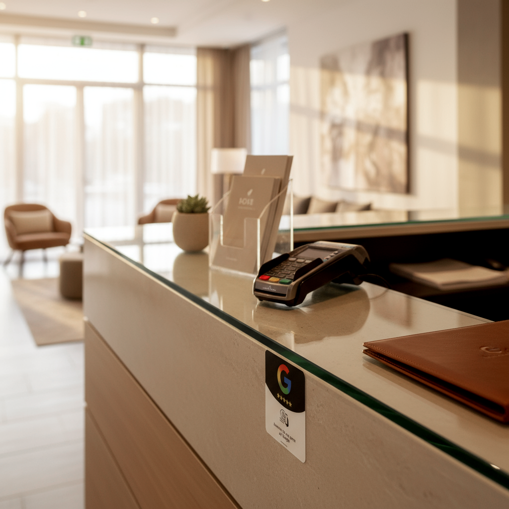 NFC Google Bewertungssticker an Hotelrezeption zur direkten Gästebewertung