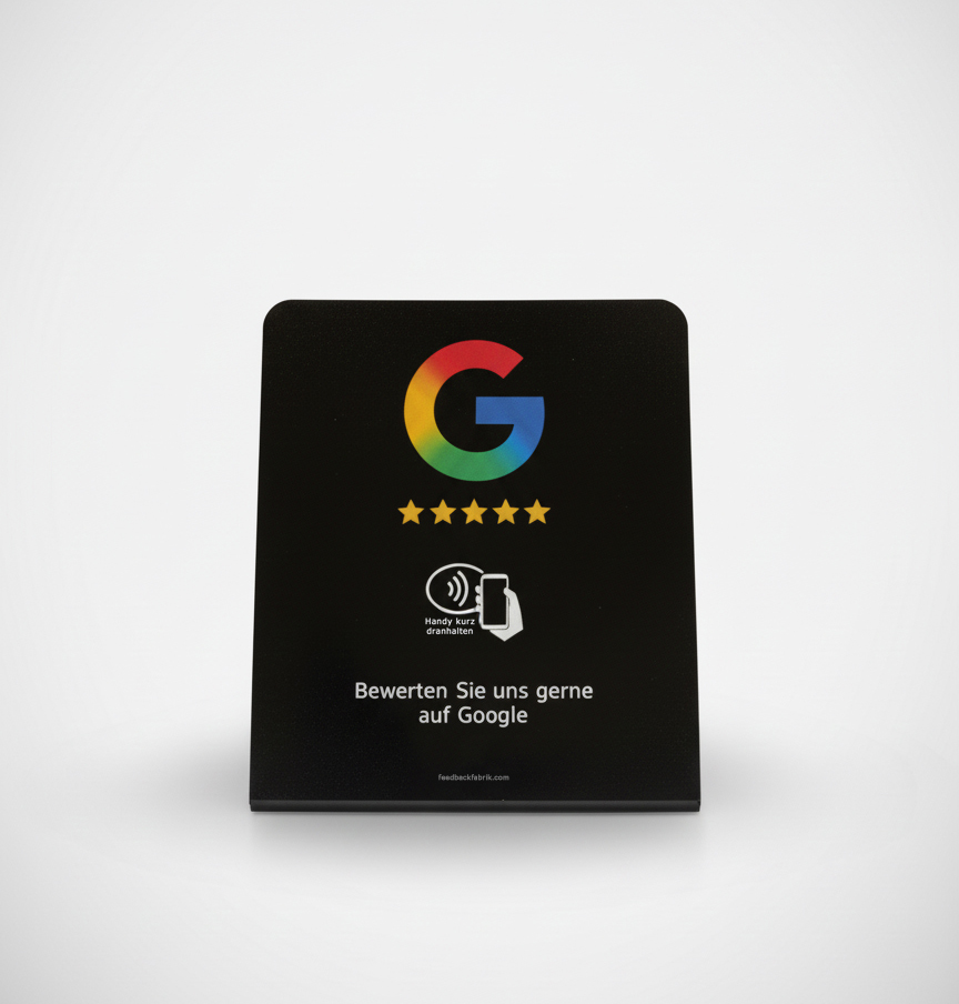 Schwarzer NFC Google Bewertungsaufsteller mit 5 Sternen für mehr Kundenbewertungen