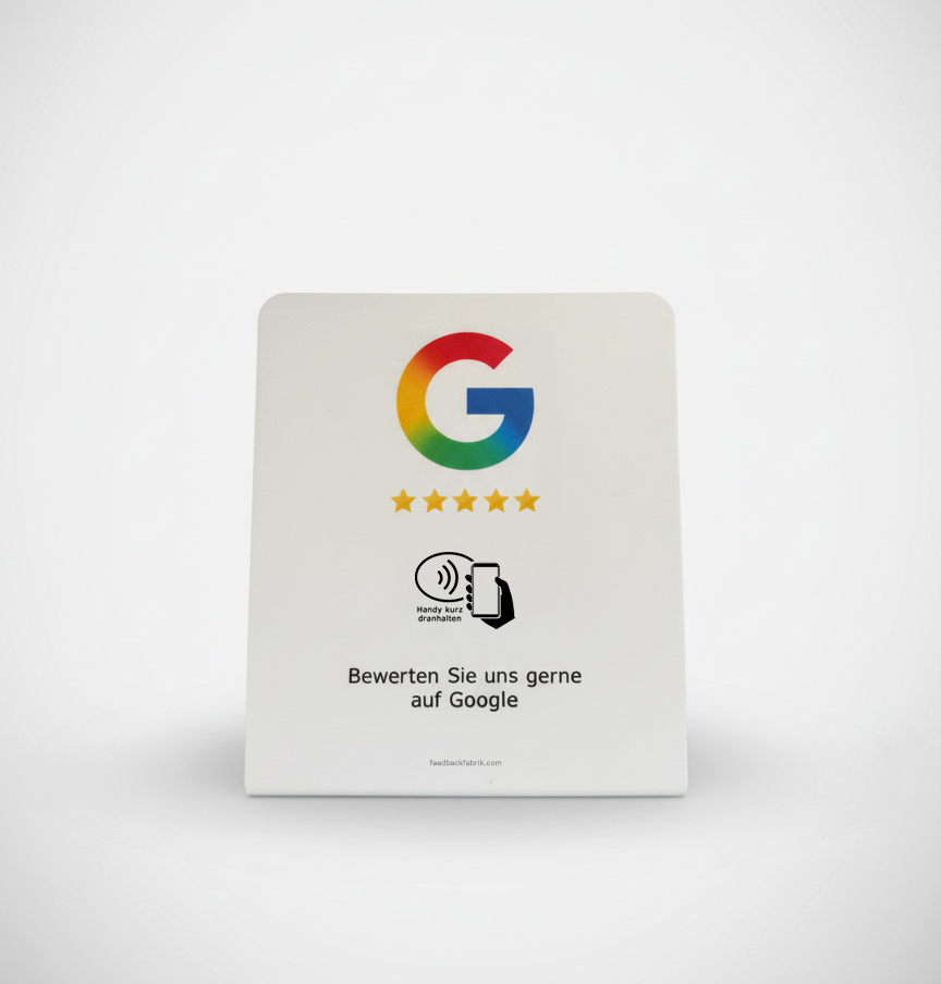 Weißer NFC Google Bewertungsaufsteller mit 5 Sternen und Hinweis „Bewerten Sie uns gerne auf Google“