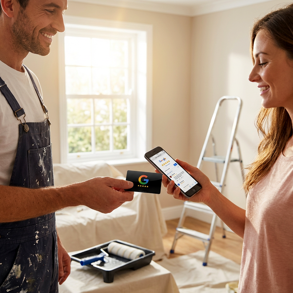 Kunde scannt Google Bewertungskarte und gibt Bewertung am Smartphone ab – Bewertungsmanagement für Unternehmen