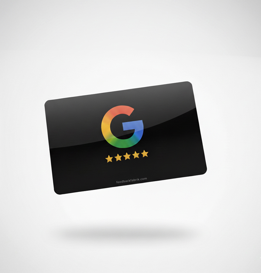 Schwarze Google Bewertungskarte mit 5 Sternen für professionelles Bewertungsmanagement