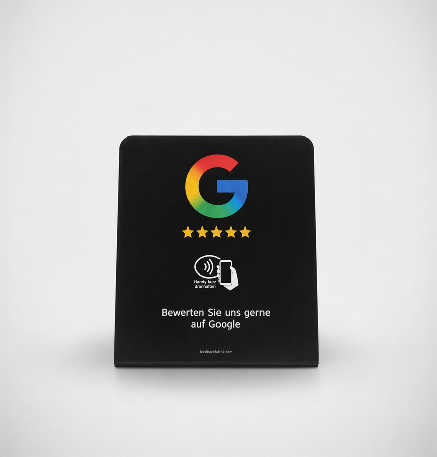 Schwarzer NFC-Aufsteller für Google Bewertungen mit Google Logo