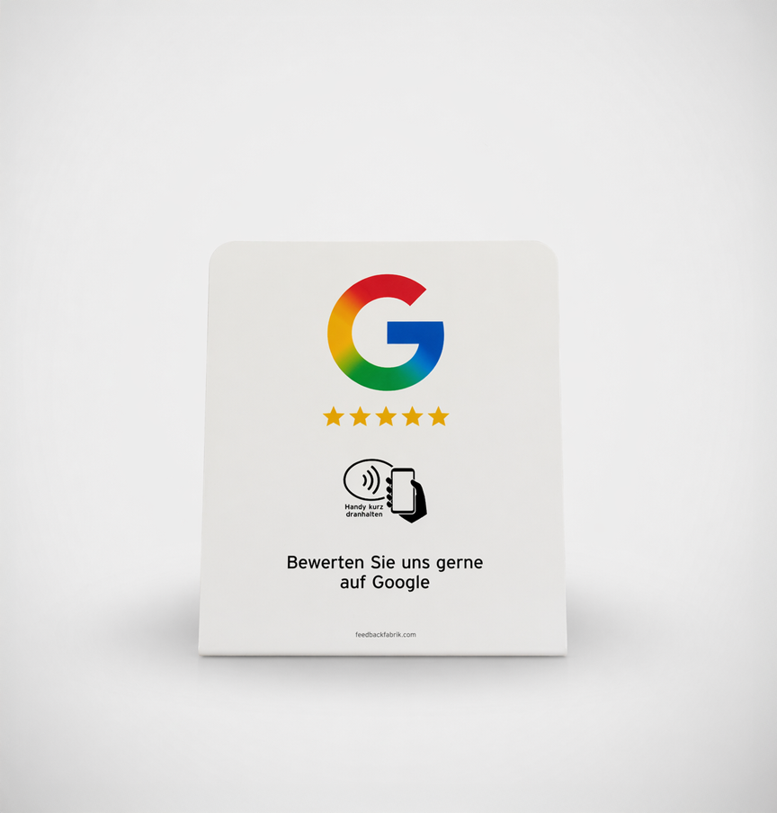 Weißer NFC-Aufsteller für Google Bewertungen mit Google Logo