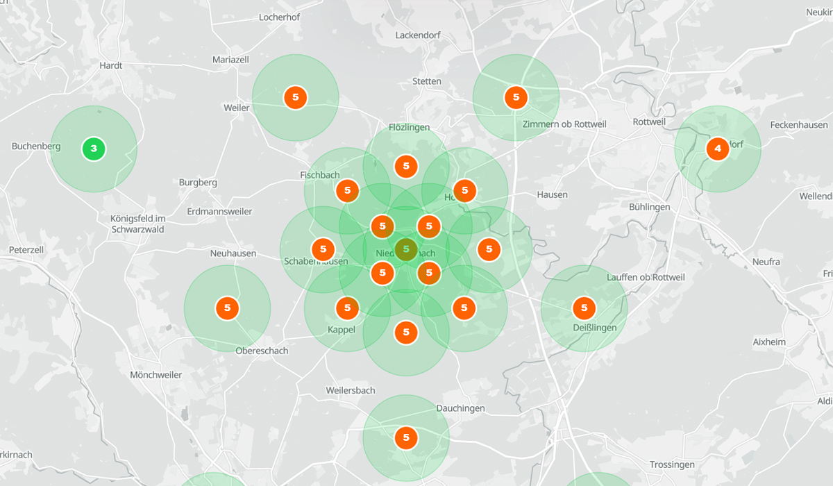 Kartenansicht mit lokalen Ranking-Positionen zur Analyse der Sichtbarkeit eines Unternehmens bei Google