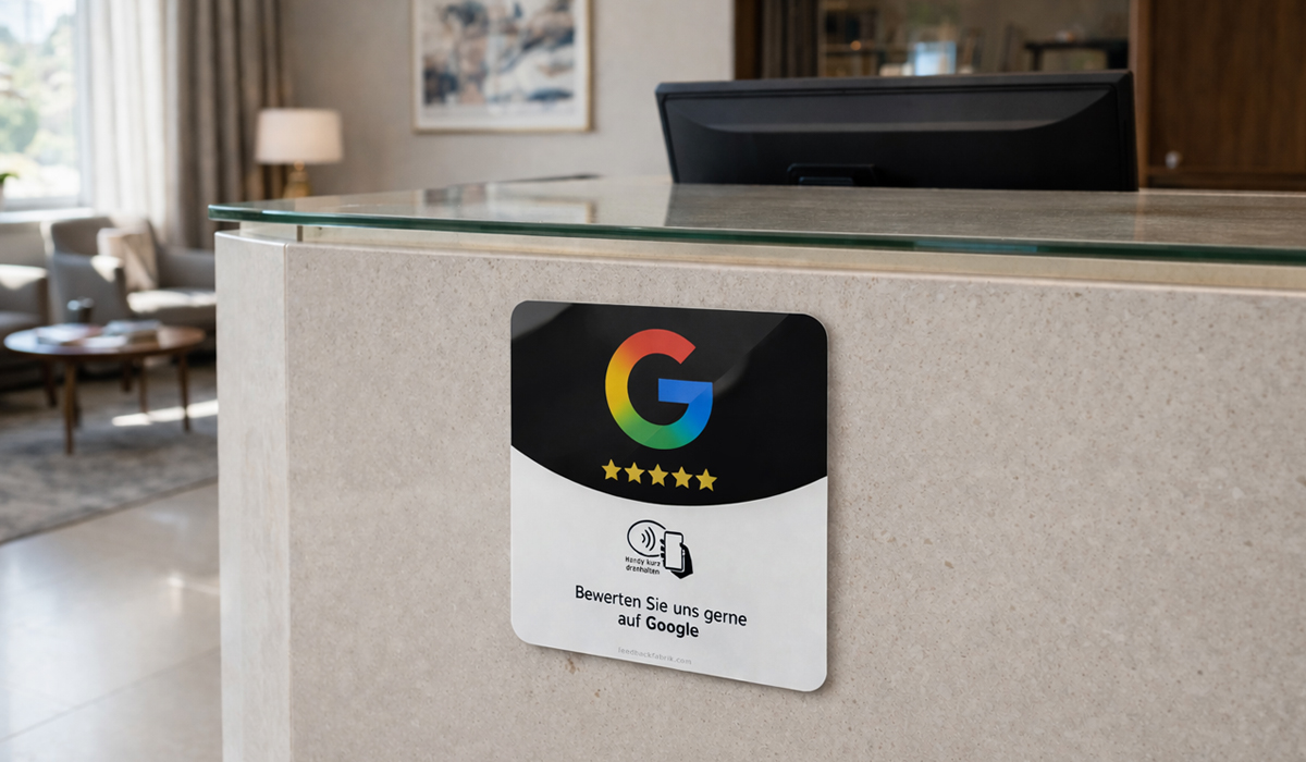 NFC-Bewertungssticker mit Google-Symbol an der Vorderseite eines Empfangstresens.